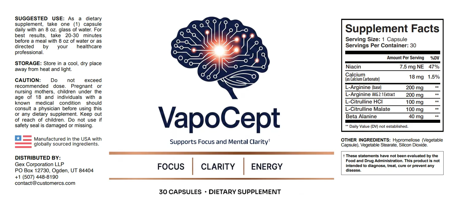 VapoCept supplement label — full ingredient transparency